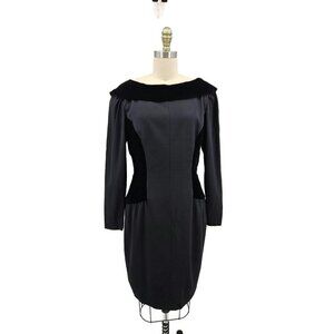 Vtg Adele Simpson Black Wool Velvet Dress Womens 10 Sheath Boat Neck